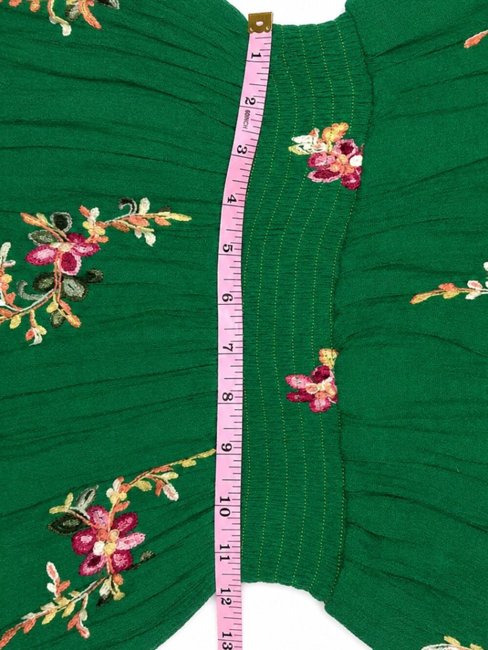 Green Floral Embroidered Boho Peasant Midi Dress Smocked Waist Puff Sleeve Women - Picture 8 of 8